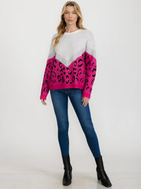 WOMEN'S LONG SLEEVE COLORBLOCK ANIMAL PRINT PULLOVER SWEATER