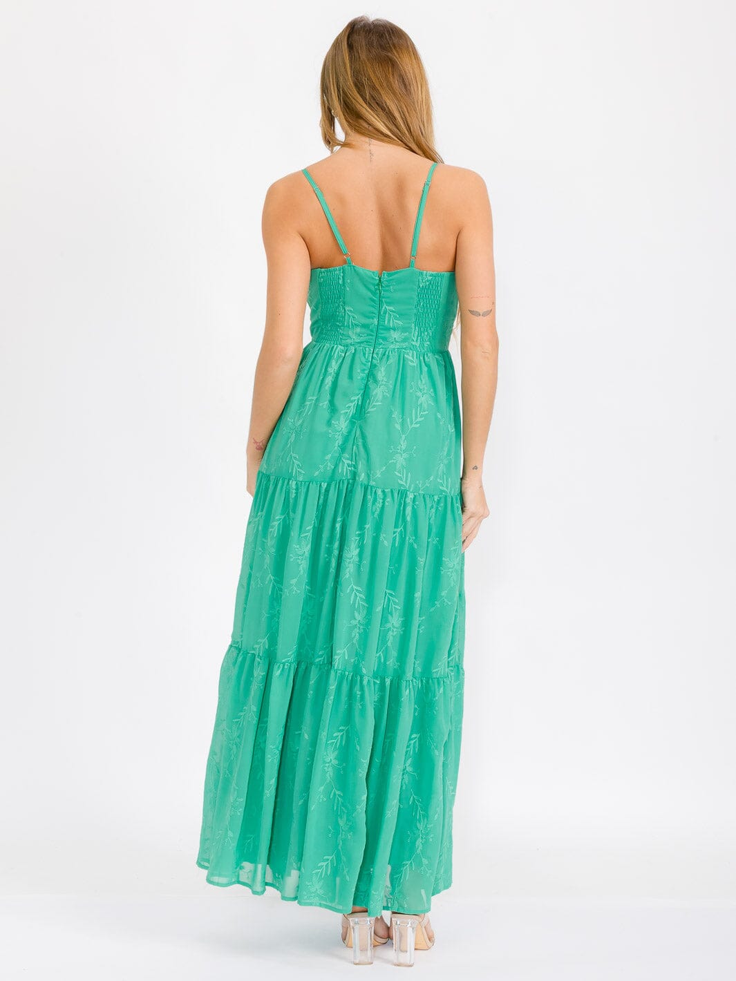 WOMEN'S SLEEVELESS FRONT TIE TIERED EMBROIDERY FLORAL MAXI DRESS