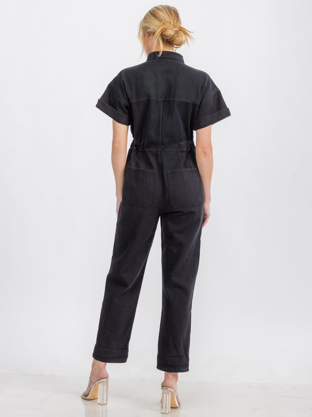 WOMEN'S SHORT SLEEVE BUTTON UP POCKETS WIDE LEG DENIM JUMPSUIT