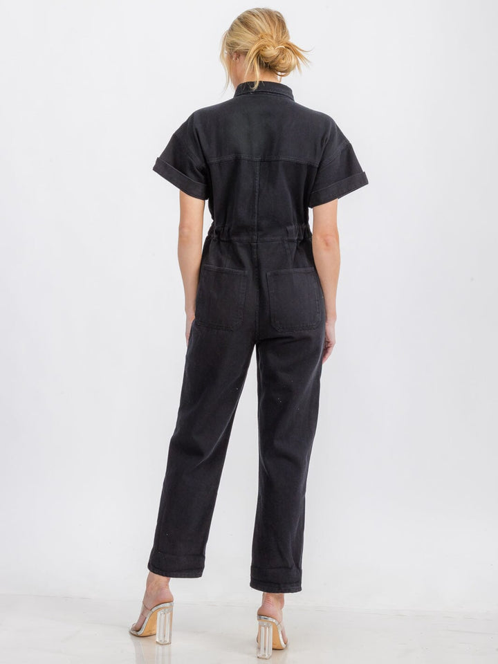 WOMEN'S SHORT SLEEVE BUTTON UP POCKETS WIDE LEG DENIM JUMPSUIT
