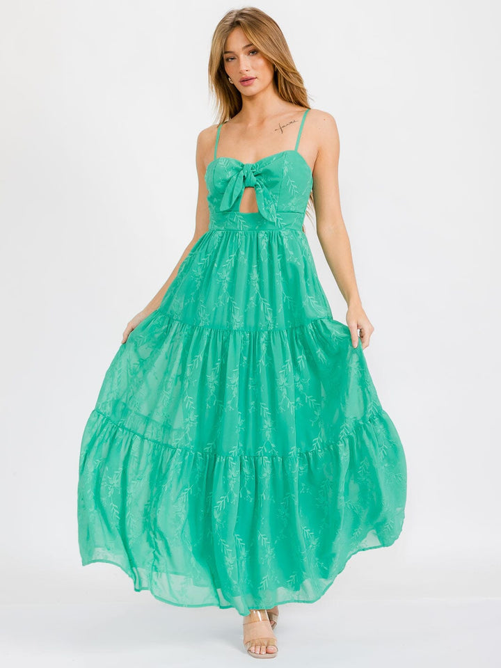 WOMEN'S SLEEVELESS FRONT TIE TIERED EMBROIDERY FLORAL MAXI DRESS