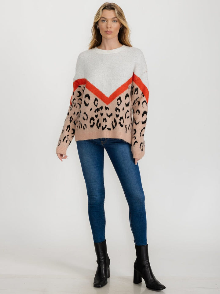 WOMEN'S LONG SLEEVE COLORBLOCK ANIMAL PRINT PULLOVER SWEATER