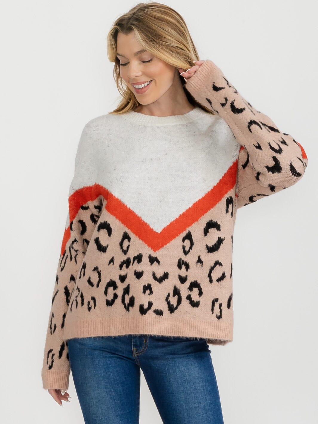 WOMEN'S LONG SLEEVE COLORBLOCK ANIMAL PRINT PULLOVER SWEATER