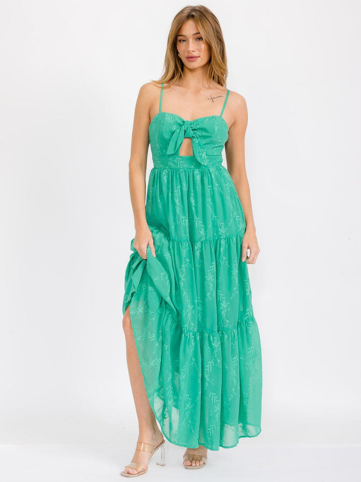WOMEN'S SLEEVELESS FRONT TIE TIERED EMBROIDERY FLORAL MAXI DRESS