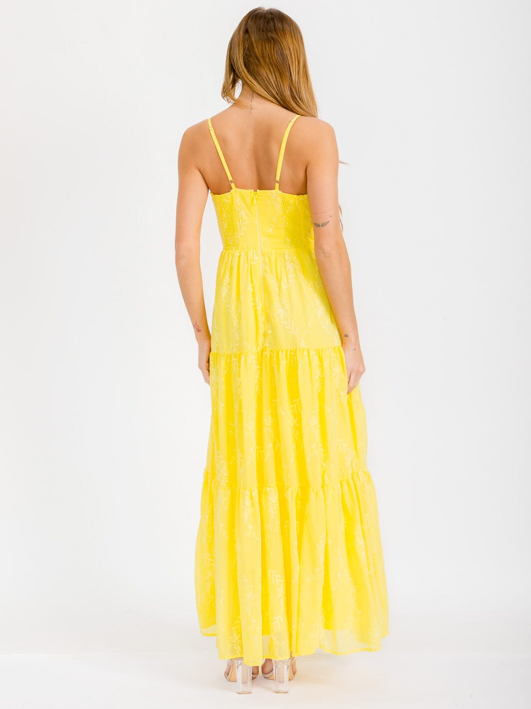 WOMEN'S SLEEVELESS FRONT TIE TIERED EMBROIDERY FLORAL MAXI DRESS
