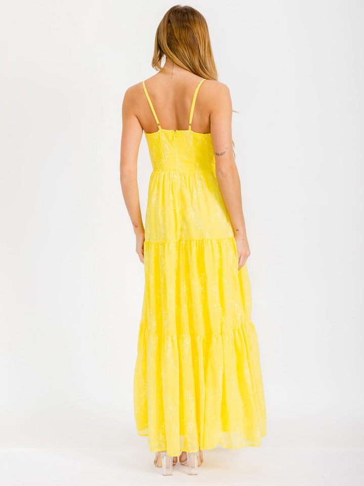 WOMEN'S SLEEVELESS FRONT TIE TIERED EMBROIDERY FLORAL MAXI DRESS