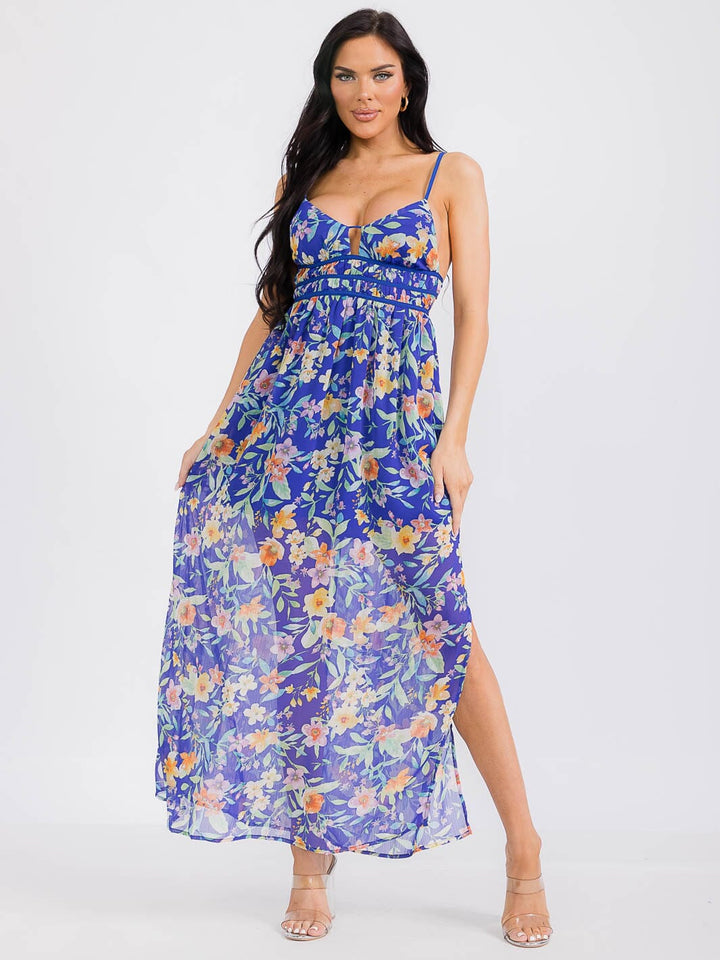 WOMEN'S SLEEVELESS V-NECK OPEN BACK FLORAL MAXI DRESS