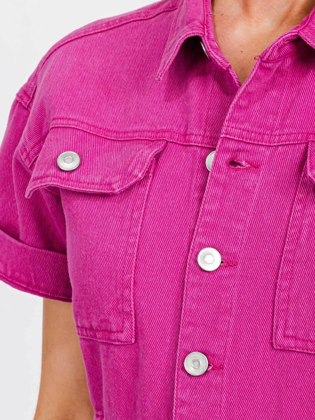 WOMEN'S SHORT SLEEVE BUTTON UP POCKETS WIDE LEG DENIM JUMPSUIT