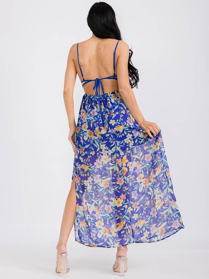 WOMEN'S SLEEVELESS V-NECK OPEN BACK FLORAL MAXI DRESS