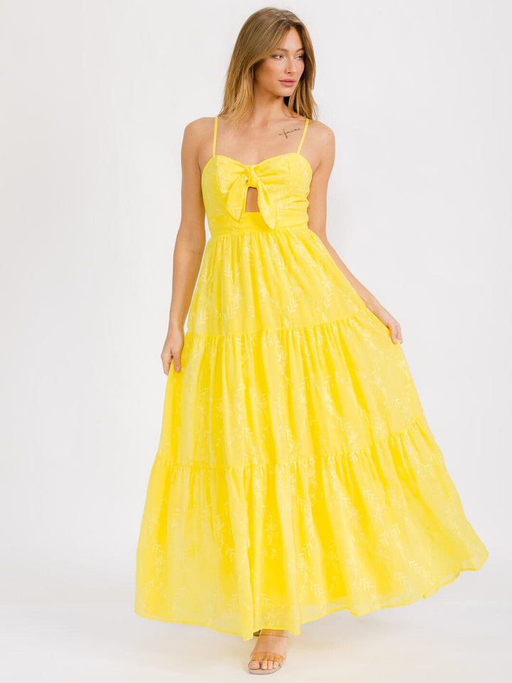 WOMEN'S SLEEVELESS FRONT TIE TIERED EMBROIDERY FLORAL MAXI DRESS