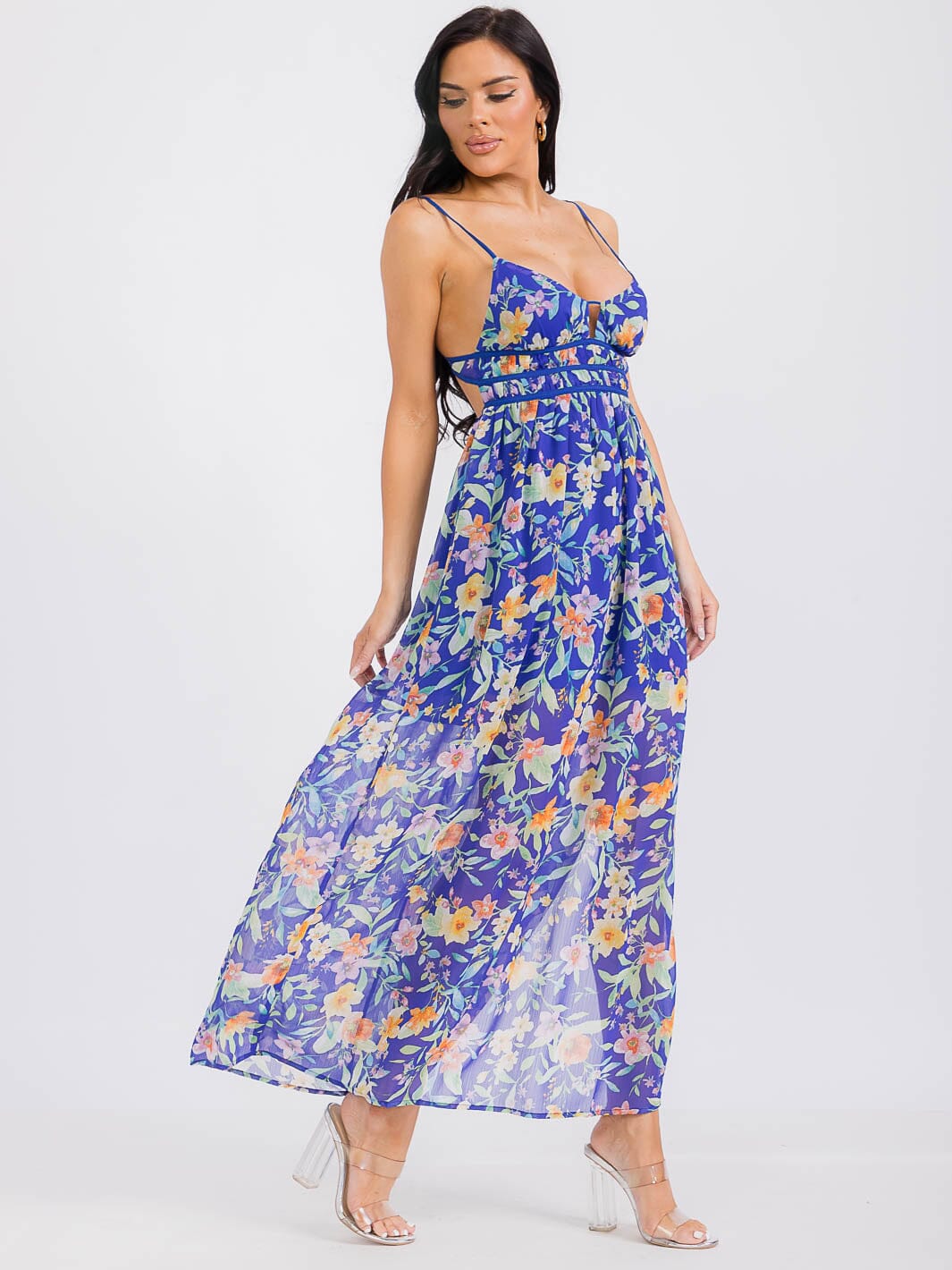 WOMEN'S SLEEVELESS V-NECK OPEN BACK FLORAL MAXI DRESS