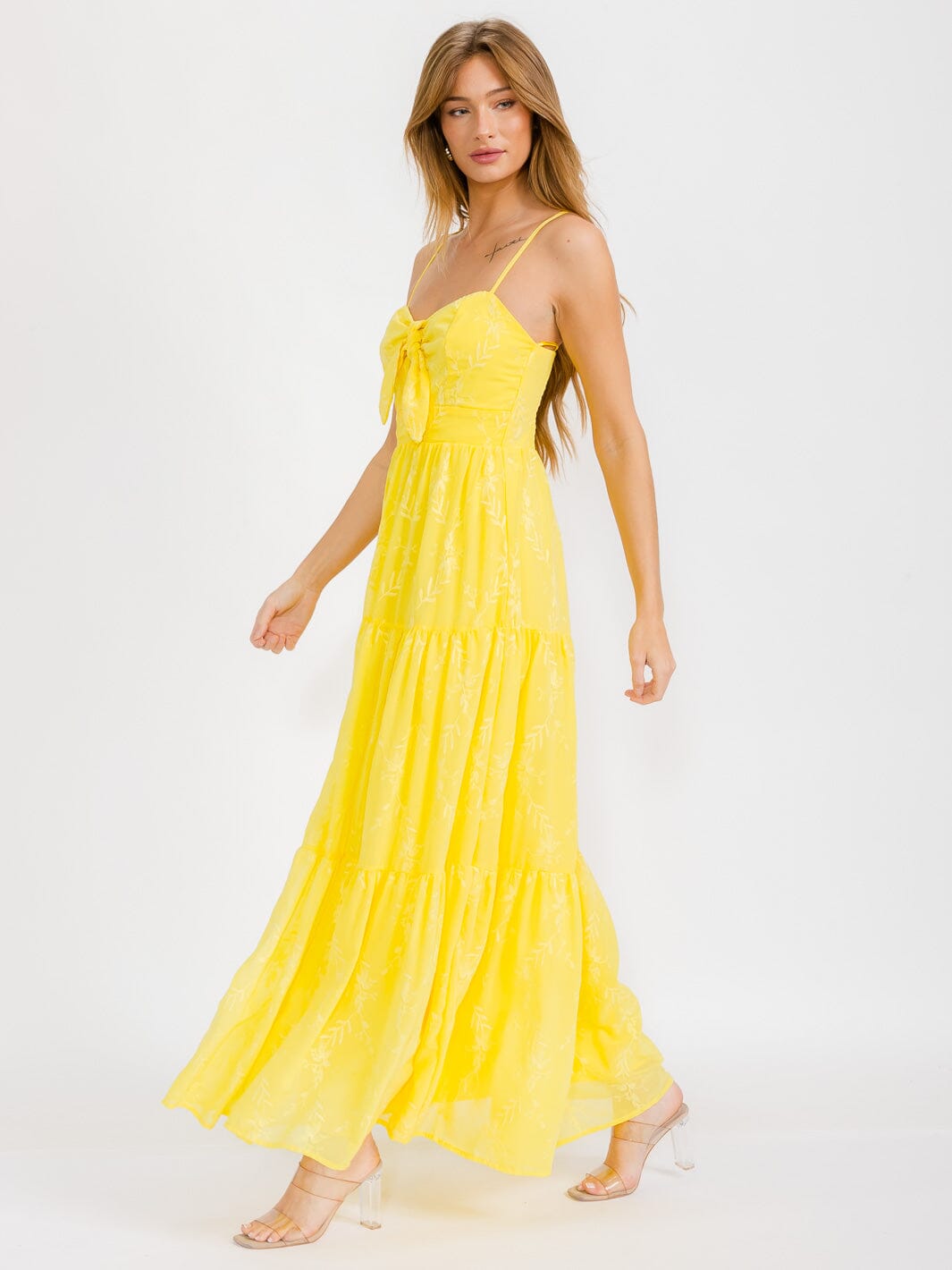 WOMEN'S SLEEVELESS FRONT TIE TIERED EMBROIDERY FLORAL MAXI DRESS