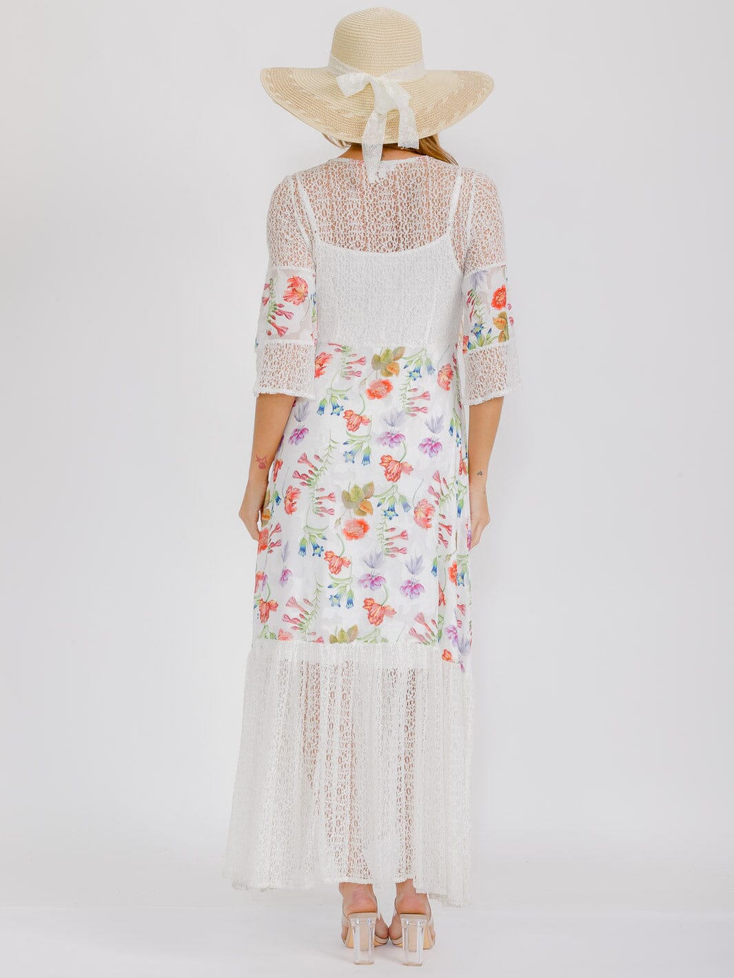 WOMEN'S 3/4 SLEEVE V-NECK BUTTON UP LACE FLORAL MAXI DRESS
