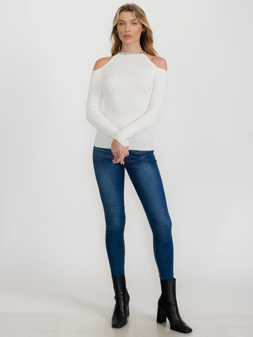 WOMEN'S COLD SHOULDER LONG SLEEVE STUDS RIBBED TOP
