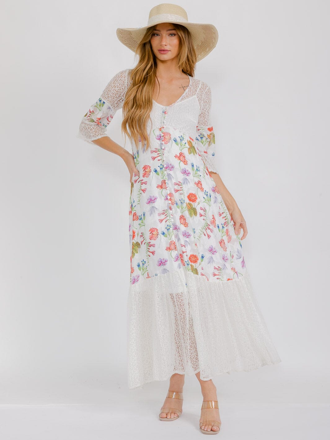 WOMEN'S 3/4 SLEEVE V-NECK BUTTON UP LACE FLORAL MAXI DRESS