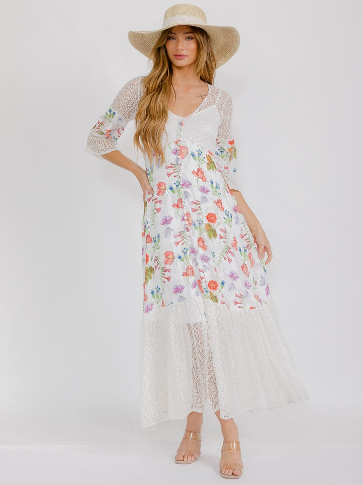 WOMEN'S 3/4 SLEEVE V-NECK BUTTON UP LACE FLORAL MAXI DRESS