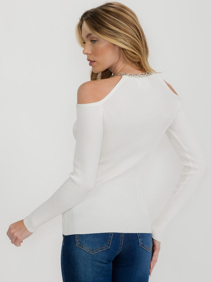 WOMEN'S COLD SHOULDER LONG SLEEVE STUDS RIBBED TOP