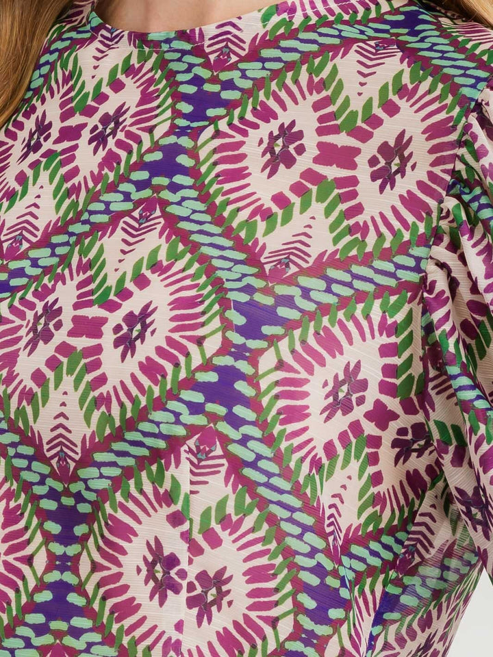 WOMEN'S SHORT PUFF SLEEVE ZIP UP MULTI PRINT BLOUSE