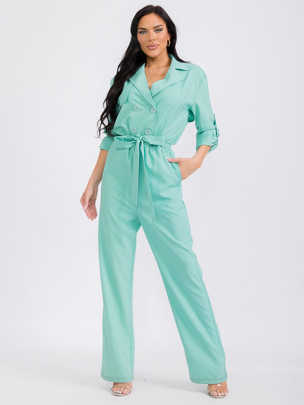 WOMEN'S LONG SLEEVE BUTTON CLOSURE SELF TIE POCKETS WIDE LEG JUMPSUIT