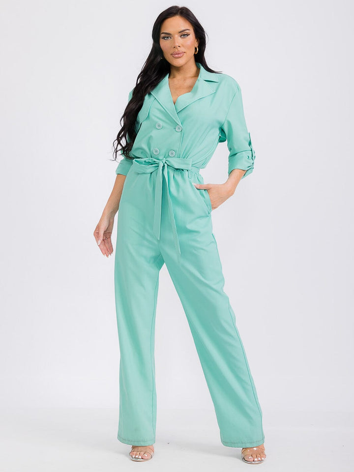 WOMEN'S LONG SLEEVE BUTTON CLOSURE SELF TIE POCKETS WIDE LEG JUMPSUIT
