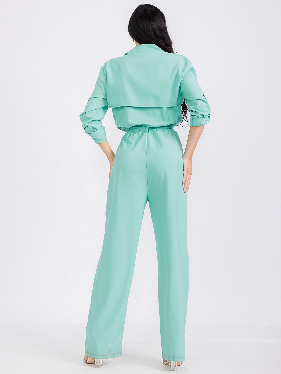 WOMEN'S LONG SLEEVE BUTTON CLOSURE SELF TIE POCKETS WIDE LEG JUMPSUIT