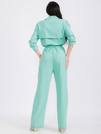 WOMEN'S LONG SLEEVE BUTTON CLOSURE SELF TIE POCKETS WIDE LEG JUMPSUIT