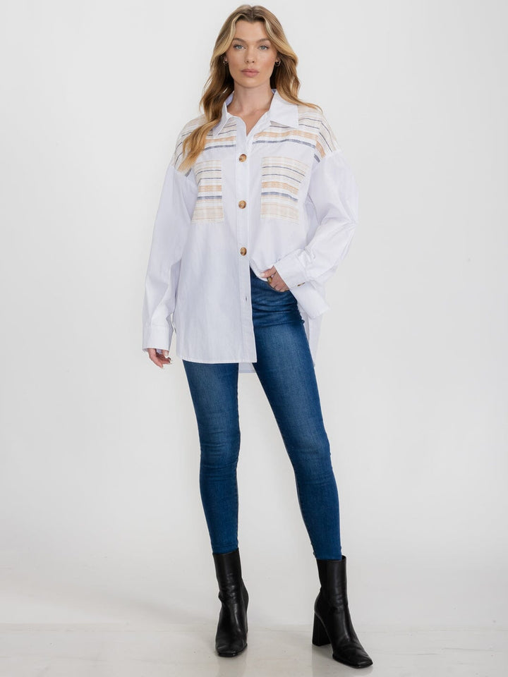 WOMEN'S LONG SLEEVE BUTTON UP FRONT POCKET STRIPES OVERSIZED SHIRT