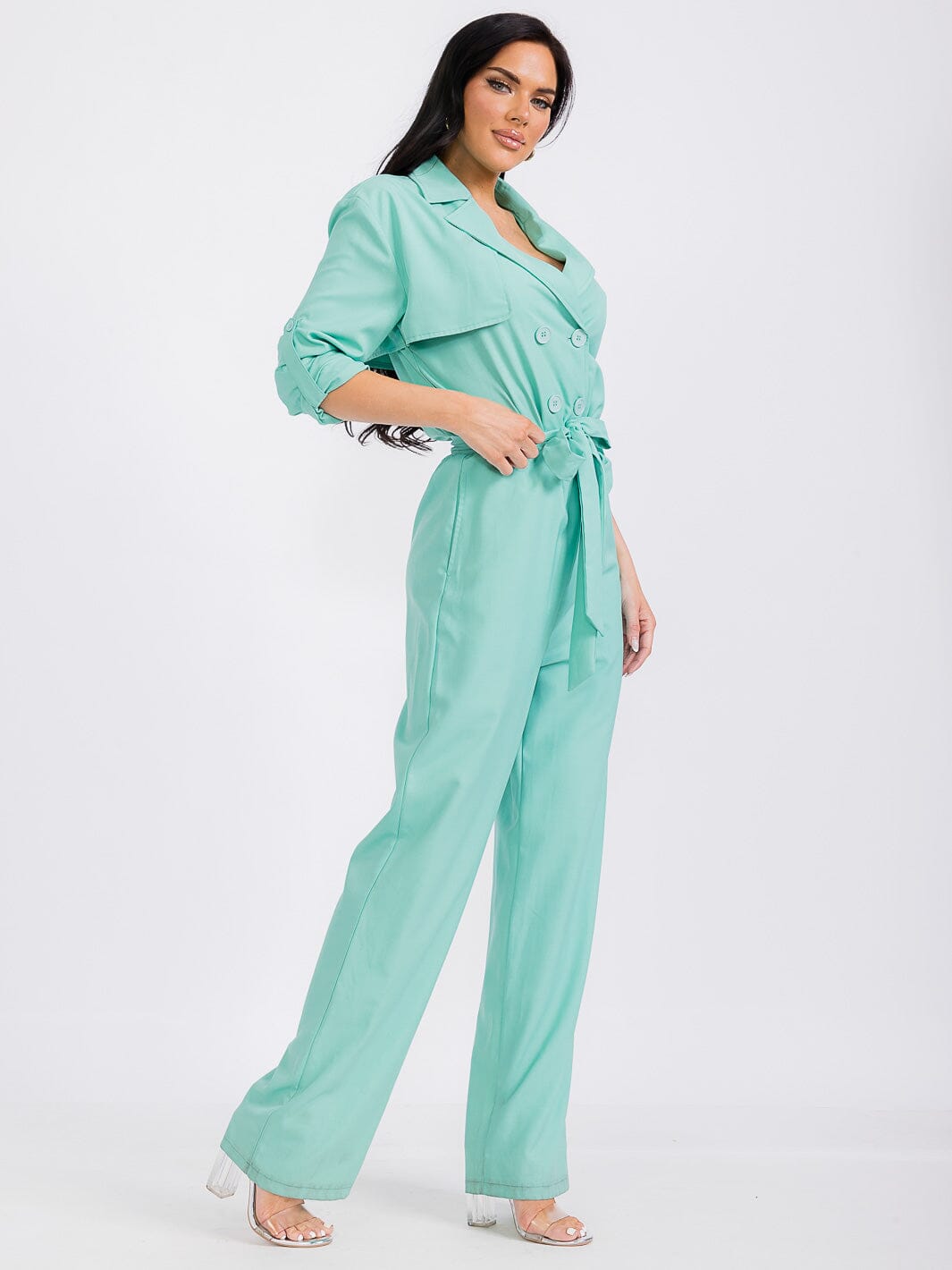WOMEN'S LONG SLEEVE BUTTON CLOSURE SELF TIE POCKETS WIDE LEG JUMPSUIT