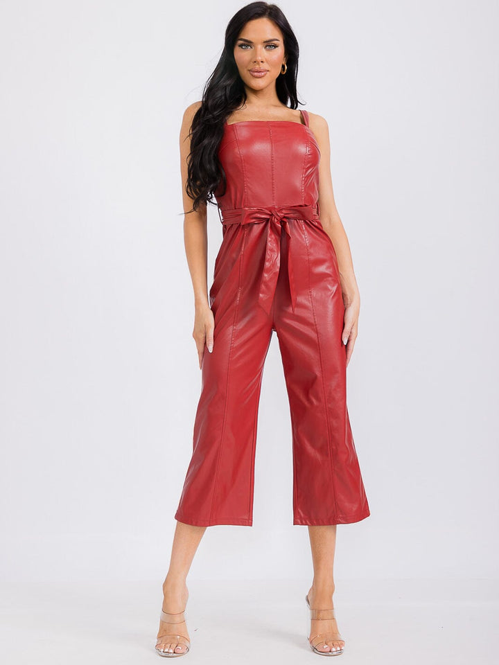 WOMEN'S SLEEVELESS PU PLEATHER SELF TIE WIDE LEG JUMPSUIT
