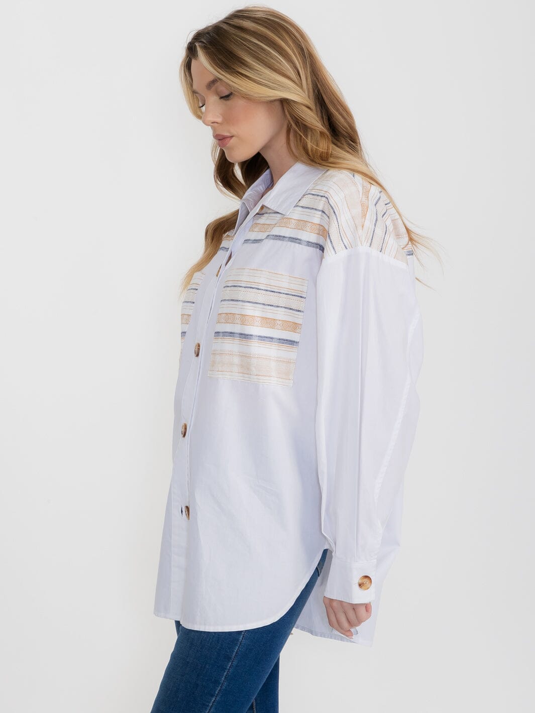 WOMEN'S LONG SLEEVE BUTTON UP FRONT POCKET STRIPES OVERSIZED SHIRT