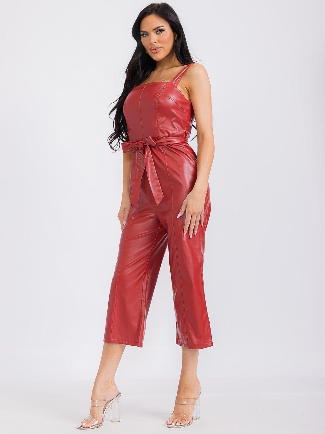 WOMEN'S SLEEVELESS PU PLEATHER SELF TIE WIDE LEG JUMPSUIT
