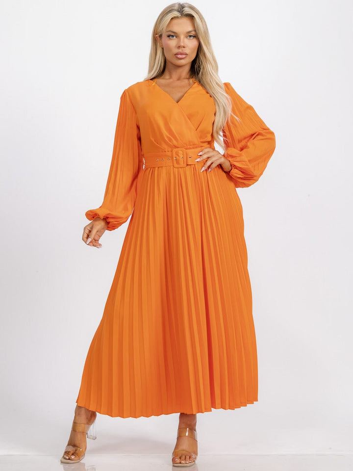 WOMEN'S LONG SLEEVE OPEN BACK SURPLICE BELTED PLEATED MAXI DRESS