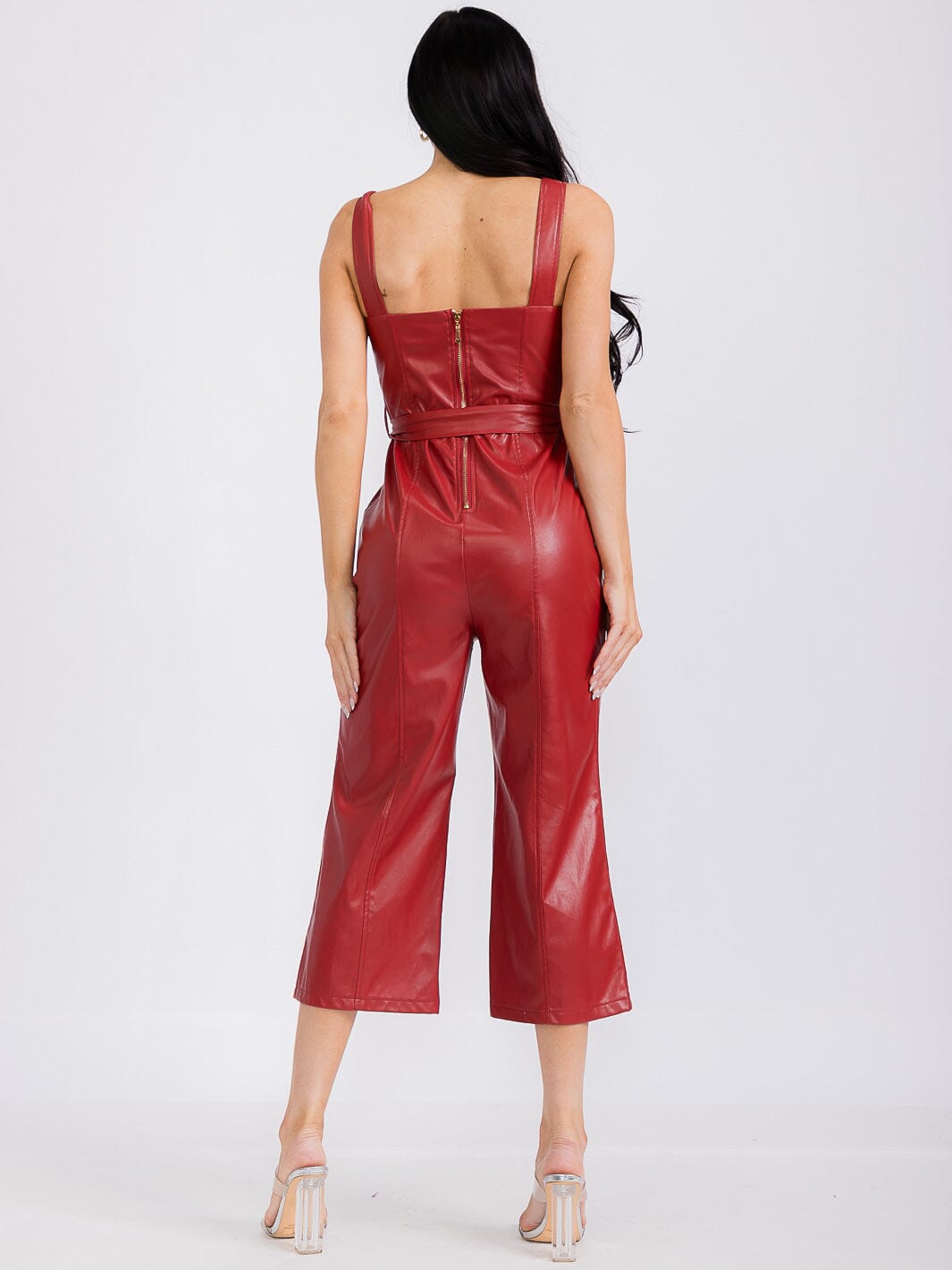 WOMEN'S SLEEVELESS PU PLEATHER SELF TIE WIDE LEG JUMPSUIT