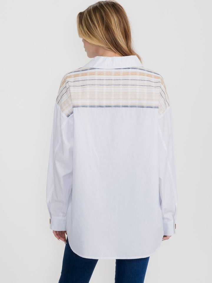 WOMEN'S LONG SLEEVE BUTTON UP FRONT POCKET STRIPES OVERSIZED SHIRT