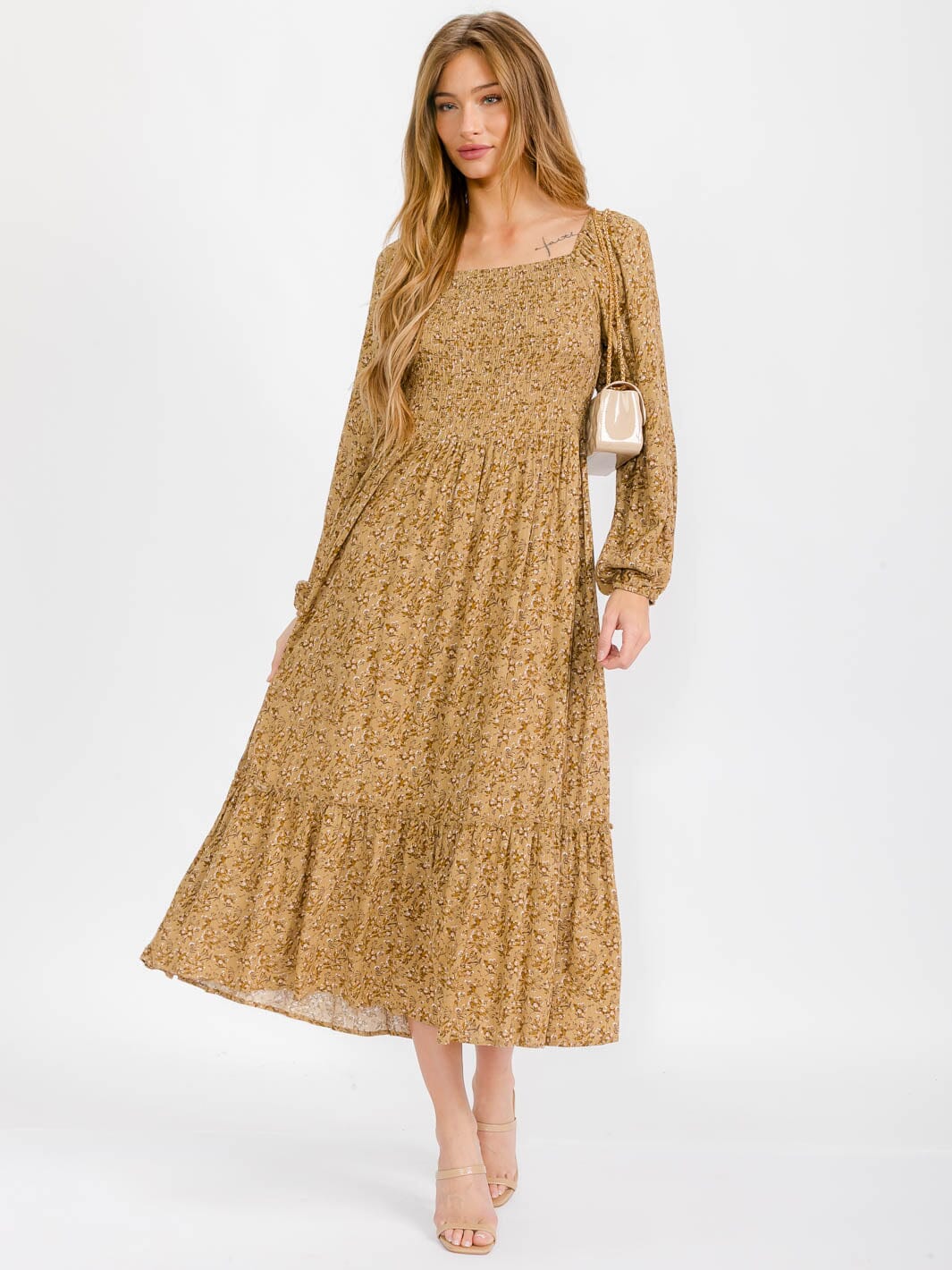 WOMEN'S LONG SLEEVE SMOCK TIERED FLORAL MAXI DRESS