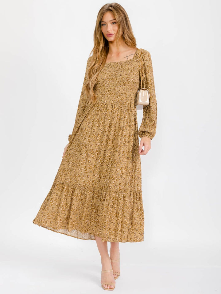 WOMEN'S LONG SLEEVE SMOCK TIERED FLORAL MAXI DRESS