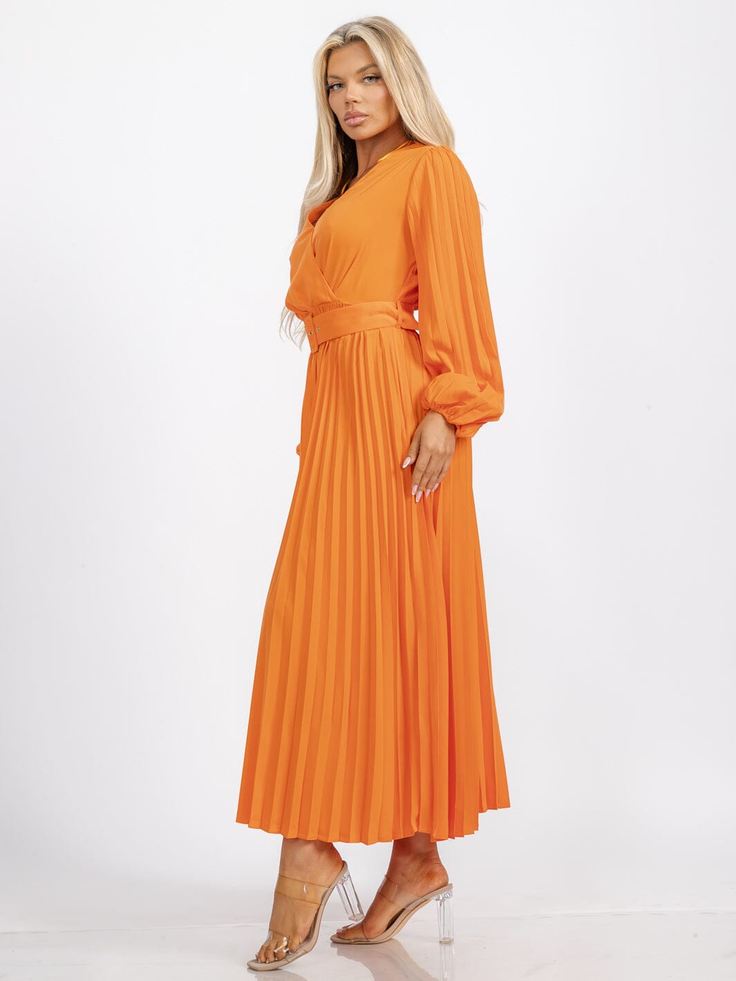 WOMEN'S LONG SLEEVE OPEN BACK SURPLICE BELTED PLEATED MAXI DRESS