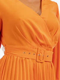 WOMEN'S LONG SLEEVE OPEN BACK SURPLICE BELTED PLEATED MAXI DRESS