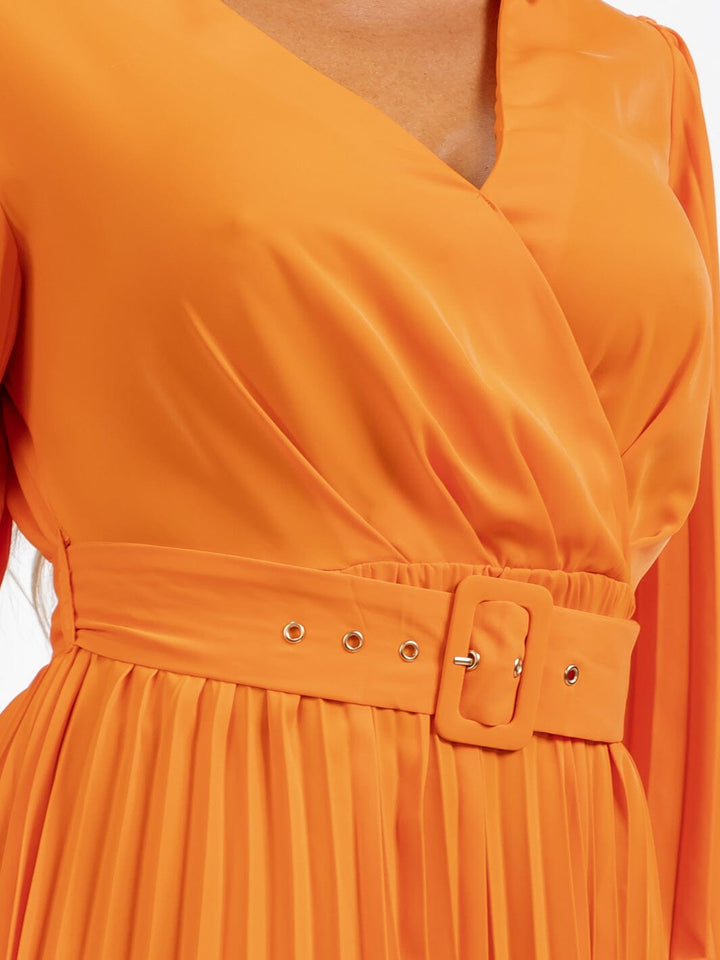 WOMEN'S LONG SLEEVE OPEN BACK SURPLICE BELTED PLEATED MAXI DRESS