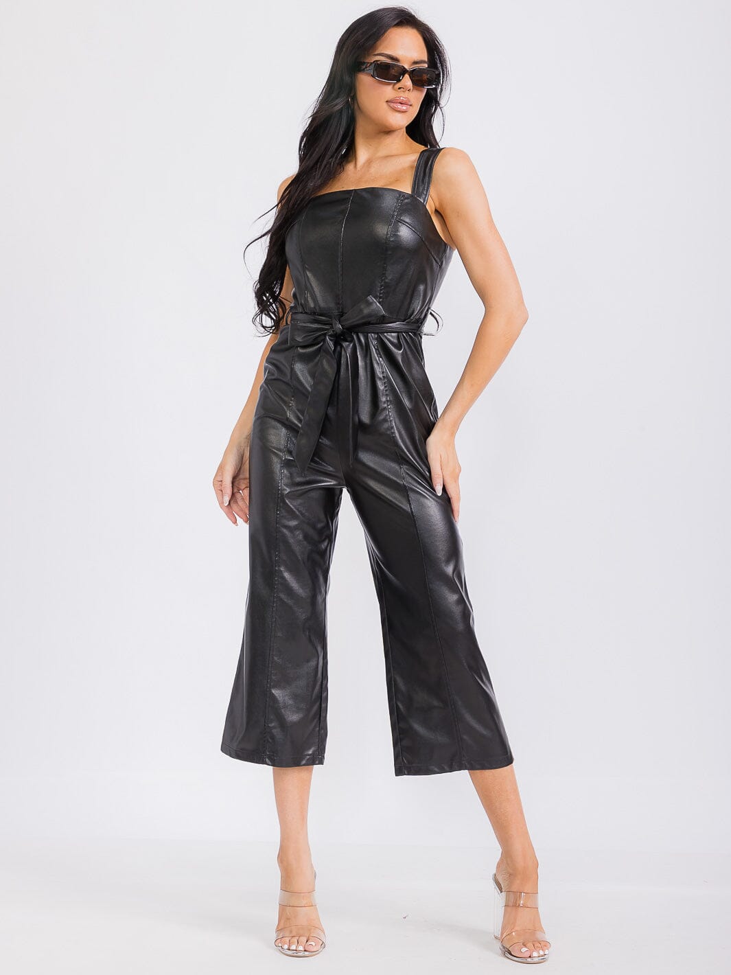 WOMEN'S SLEEVELESS PU PLEATHER SELF TIE WIDE LEG JUMPSUIT