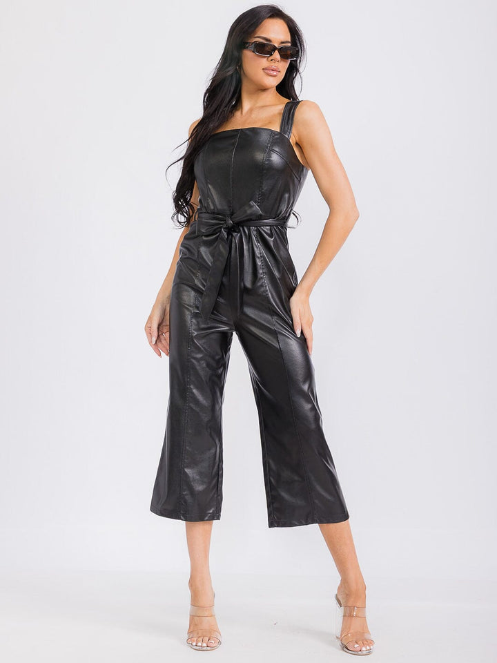 WOMEN'S SLEEVELESS PU PLEATHER SELF TIE WIDE LEG JUMPSUIT