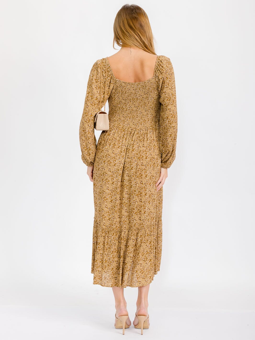 WOMEN'S LONG SLEEVE SMOCK TIERED FLORAL MAXI DRESS