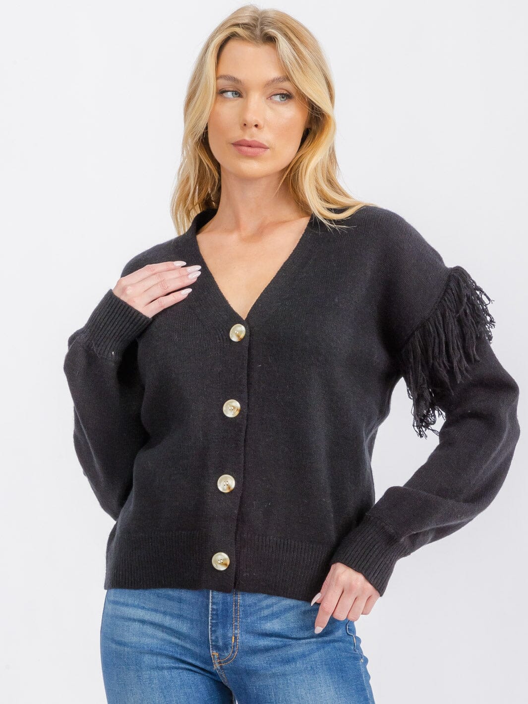 WOMEN'S LONG SLEEVE FRINGE BUTTON CLOSURE CARDIGAN SWEATER