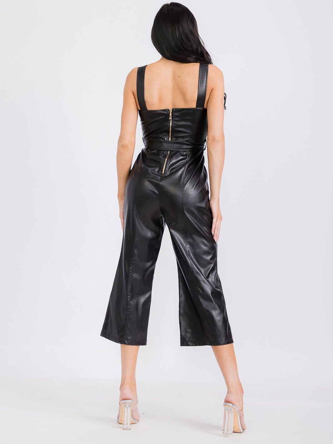 WOMEN'S SLEEVELESS PU PLEATHER SELF TIE WIDE LEG JUMPSUIT