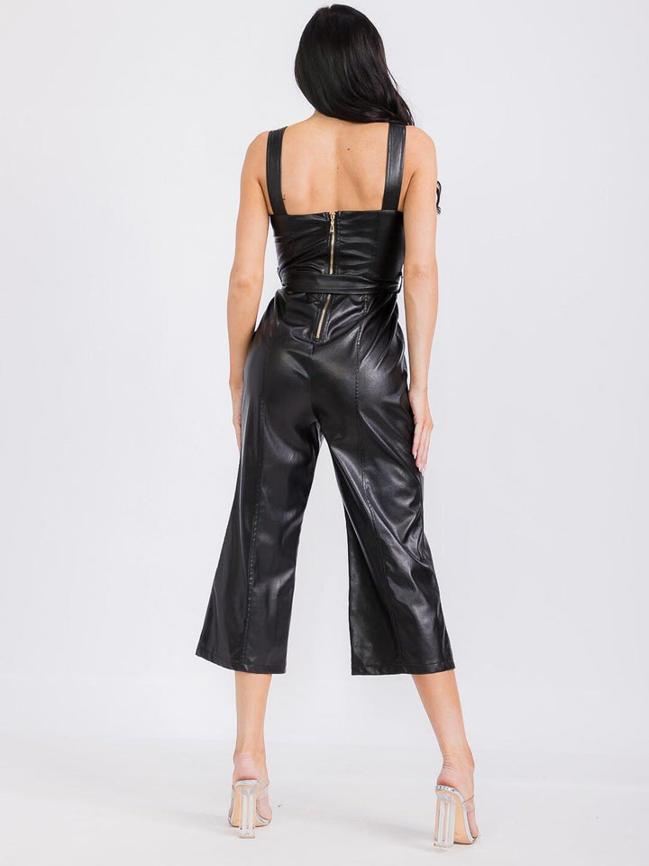WOMEN'S SLEEVELESS PU PLEATHER SELF TIE WIDE LEG JUMPSUIT