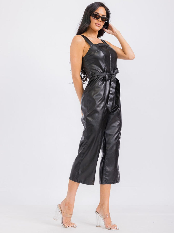 WOMEN'S SLEEVELESS PU PLEATHER SELF TIE WIDE LEG JUMPSUIT