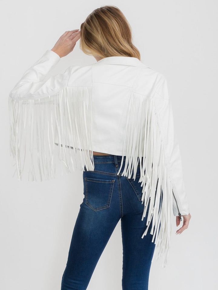 WOMEN'S LONG SLEEVE ZIP UP PU PLEATHER FRINGE JACKET