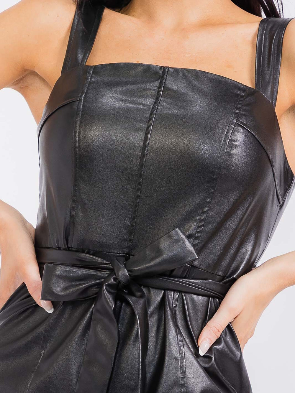 WOMEN'S SLEEVELESS PU PLEATHER SELF TIE WIDE LEG JUMPSUIT