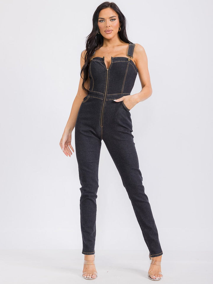 WOMEN'S SLEEVELESS ZIP UP FRONT POCKETS STRETCH DENIM JUMPSUIT