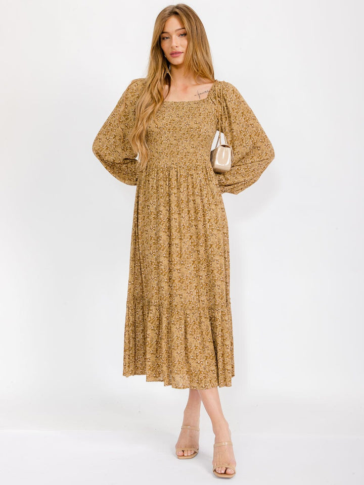 WOMEN'S LONG SLEEVE SMOCK TIERED FLORAL MAXI DRESS